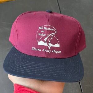 Vintage Sierra Army Depot Get‎ Hooked Fishing Hat Maroon Black Snapback LitePro